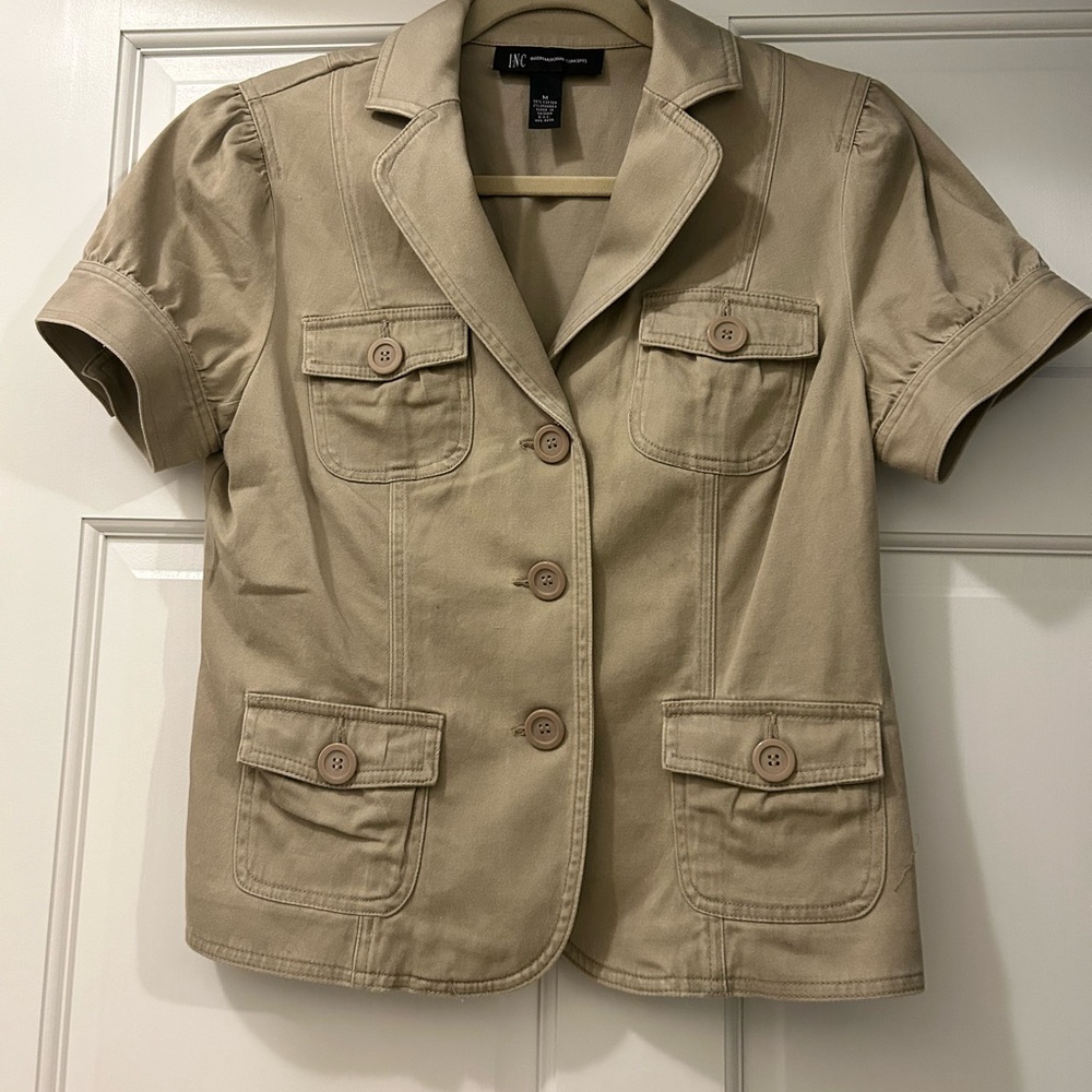 INC women's safari style jacket, size M, cotton/stretch, khaki, gently used